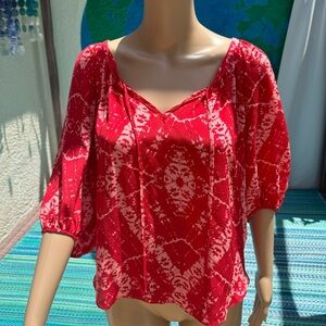 Rebecca Taylor Tie Dye Ikat Print 3/4 Sleeve Top Silk Red Bohemian Size 2